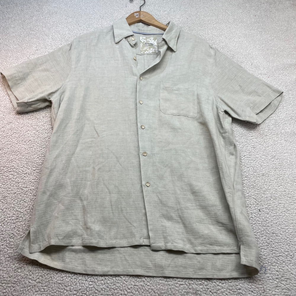 Tasso Elba Shirt Mens L Beige Silk Linen Blend Short Sleeve Button Up Casual
